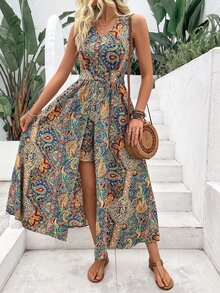 EMERY ROSE Mono con estilo de vacaciones para mujeres con diseño estampado paisley y cuello en V - Multicolor - Ver 4