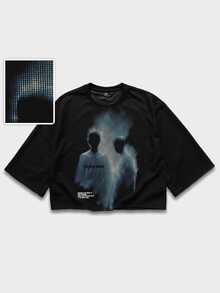 ROMWE MEN Street Life Men's T-Shirt With Blurred Human Figure Print - Black - View 8