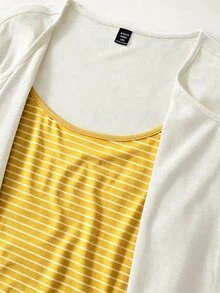 GlowEve CURVE Plus Size Knit Solid Color Cardigan With Front Button Closure, Striped Slim Fit Camisole With Drawstring Decor, Elegant Casual Commute Daily Outing Long Pants - Pale Yellow - View 5
