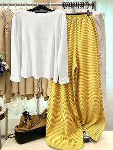 GlowEve CURVE Plus Size Knit Solid Color Cardigan With Front Button Closure, Striped Slim Fit Camisole With Drawstring Decor, Elegant Casual Commute Daily Outing Long Pants - Pale Yellow - View 2
