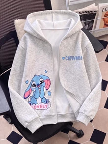 Genkimix Kids 女童粉色針織連帽拉鍊長袖開襟外套，秋冬款，正面卡通史迪奇印花配愛心與字母設計，寬鬆版型 - 灰色 - 查看 1