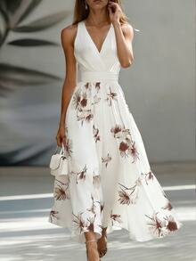 EMERY ROSE AB Patchwork V-Neck Sleeveless Waist Cinched Elegant Midi Dress, Suitable For Work & Vacation - Multicolor - View 4