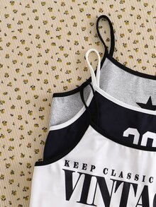 SHEIN 青少年女孩 3件組 白色夏季街頭風海灘返校穿搭 復古字母印花撞色拼接細肩帶短版背心 - 彩色 - 查看 8
