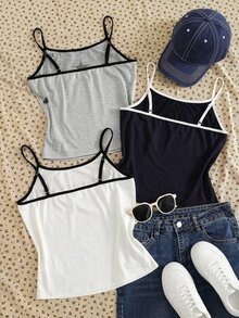 SHEIN 青少年女孩 3件組 白色夏季街頭風海灘返校穿搭 復古字母印花撞色拼接細肩帶短版背心 - 彩色 - 查看 2