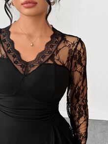 Elenzga Plus Size Women's Elegant Lace Stretch Long Sleeve Top, Black Inner Layer Commute Party T-Shirt Fall - Black - View 6