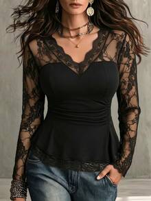 Elenzga Plus Size Women's Elegant Lace Stretch Long Sleeve Top, Black Inner Layer Commute Party T-Shirt Fall - Black - View 3