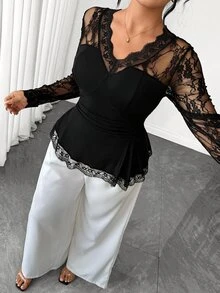 Elenzga Plus Size Women's Elegant Lace Stretch Long Sleeve Top, Black Inner Layer Commute Party T-Shirt Fall - Black - View 5
