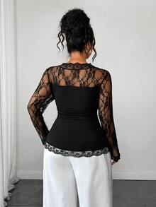 Elenzga Plus Size Women's Elegant Lace Stretch Long Sleeve Top, Black Inner Layer Commute Party T-Shirt Fall - Black - View 2