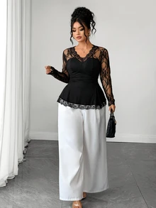 Elenzga Plus Size Women's Elegant Lace Stretch Long Sleeve Top, Black Inner Layer Commute Party T-Shirt Fall - Black - View 4