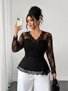 Elenzga Plus Size Women's Elegant Lace Stretch Long Sleeve Top, Black Inner Layer Commute Party T-Shirt Fall - Black - View 1
