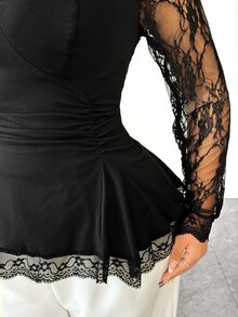 Elenzga Plus Size Women's Elegant Lace Stretch Long Sleeve Top, Black Inner Layer Commute Party T-Shirt Fall - Black - View 7