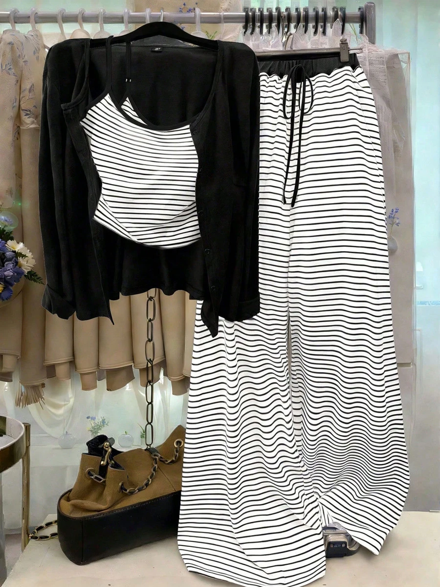 GlowEve CURVE Plus Size Knit Solid Color Front Button Cardigan Striped Slim Fit Camisole Decor Drawstring Elegant Casual Commute Daily Outing Long Pants Fall - Black and White - View 1