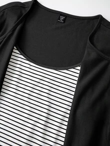 GlowEve CURVE Plus Size Knit Solid Color Front Button Cardigan Striped Slim Fit Camisole Decor Drawstring Elegant Casual Commute Daily Outing Long Pants Fall - Black and White - View 5