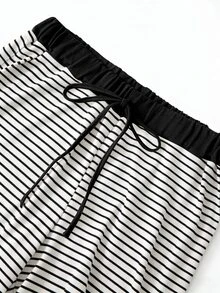 GlowEve CURVE Plus Size Knit Solid Color Front Button Cardigan Striped Slim Fit Camisole Decor Drawstring Elegant Casual Commute Daily Outing Long Pants Fall - Black and White - View 4
