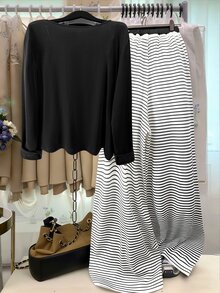 GlowEve CURVE Plus Size Knit Solid Color Front Button Cardigan Striped Slim Fit Camisole Decor Drawstring Elegant Casual Commute Daily Outing Long Pants Fall - Black and White - View 2