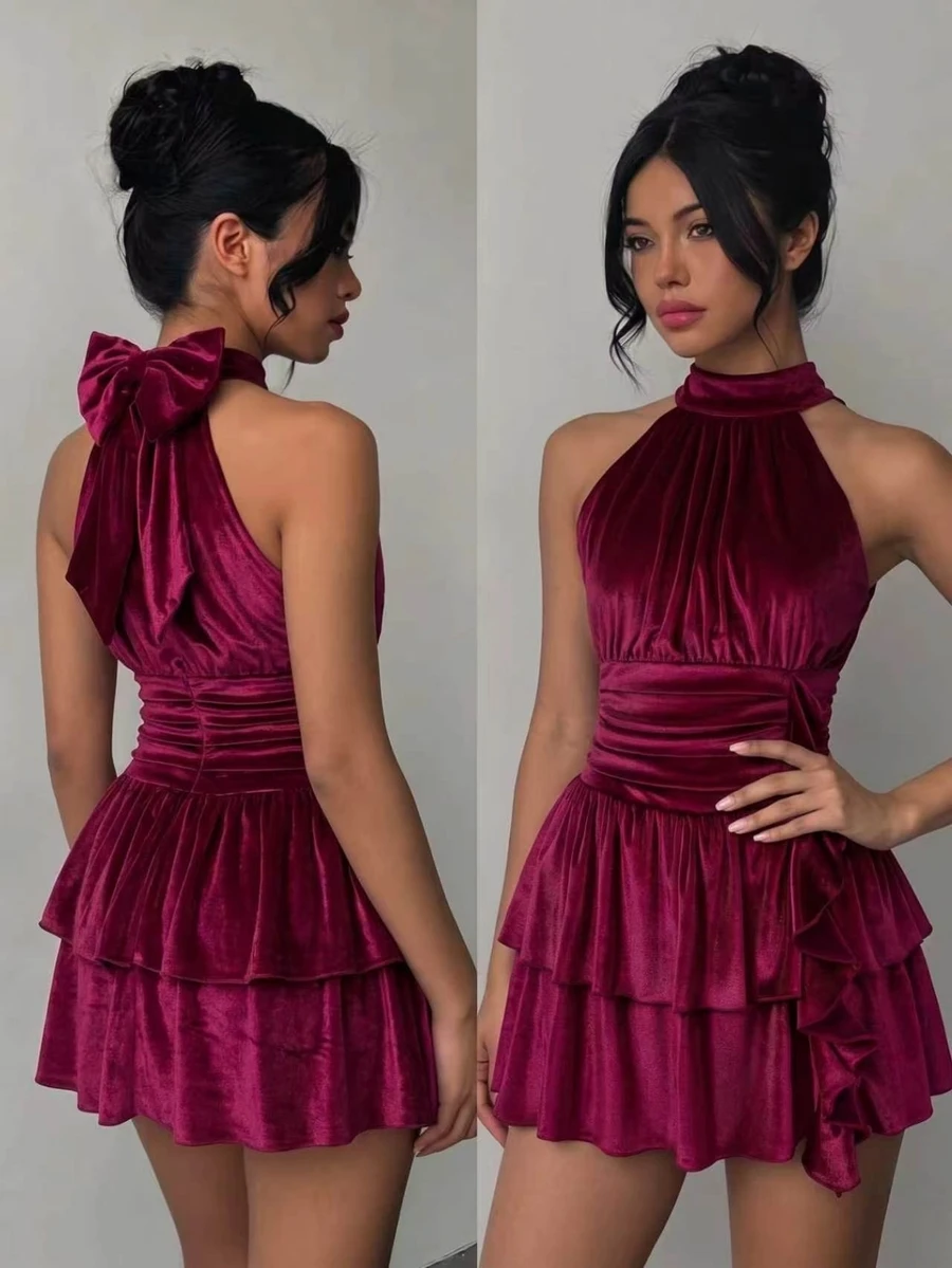 Gaun Homecoming Tanpa Lengan Merah untuk Anak Perempuan Remaja Gaya Musim Gugur AS Pakaian Musim Gugur Gaun Musim Gugur - Burgundy - View 1