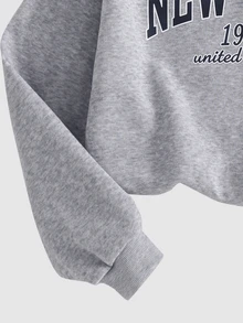 SHEIN 女童秋冬休閒保暖內裡加厚運動衫套裝，紐約市印花寬鬆圓領落肩長袖套頭運動衫搭配同款印花百褶寬腿直筒運動長褲，2件式運動套裝，麻灰色，兒童秋冬疊穿，運動套裝，外出穿搭，街頭風，校園休閒 - 淺灰色 - 查看 6