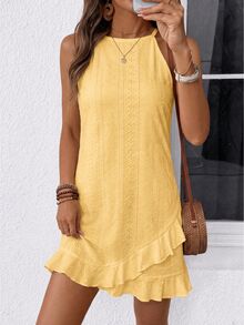 EMERY ROSE Gaun Kasual Musim Panas Tanpa Lengan dengan Leher Bulat dan Bordir Berongga, Warna Polos - Kuning - View 6