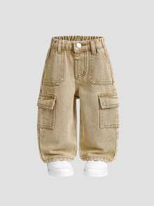 SHEIN Playful Pals Baby Boy Cotton Elastic Waist Cargo Pocket Casual Pants Autumn Fall - Khaki - View 1