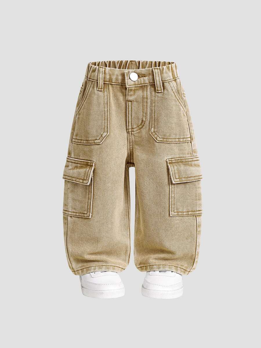 SHEIN Playful Pals Baby Boy Cotton Elastic Waist Cargo Pocket Casual Pants Autumn Fall - Khaki - View 1