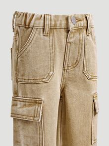SHEIN Playful Pals Baby Boy Cotton Elastic Waist Cargo Pocket Casual Pants Autumn Fall - Khaki - View 3