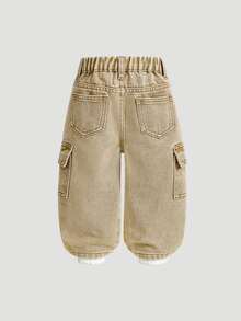 SHEIN Playful Pals Baby Boy Cotton Elastic Waist Cargo Pocket Casual Pants Autumn Fall - Khaki - View 2
