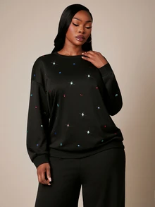 Radiana Sweatshirt Pullover Ukuran Besar Kasual Tradisional Modis Unik dengan Batu Permata Berwarna-warni, Sweatshirt Hitam, Sweatshirt Ukuran Besar untuk Acara Formal Musim Gugur. - Hitam - View 5