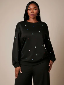 Radiana Sweatshirt Pullover Ukuran Besar Kasual Tradisional Modis Unik dengan Batu Permata Berwarna-warni, Sweatshirt Hitam, Sweatshirt Ukuran Besar untuk Acara Formal Musim Gugur. - Hitam - View 6