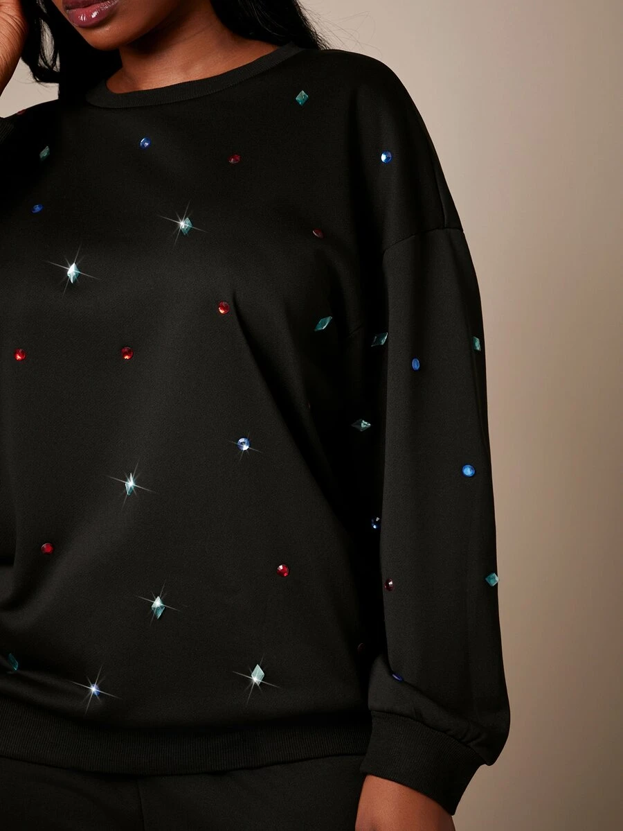 Radiana Sweatshirt Pullover Ukuran Besar Kasual Tradisional Modis Unik dengan Batu Permata Berwarna-warni, Sweatshirt Hitam, Sweatshirt Ukuran Besar untuk Acara Formal Musim Gugur. - Hitam - View 1