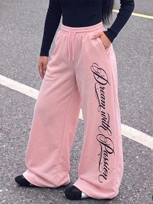 SHEIN Teen Girls Casual Baggy Cargo Urban Outdoor Formal Work Knit Straight Leg Sweatpants, Summer Pink - Pink - View 1