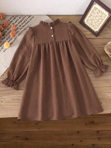 SHEIN Vintaside Kids 青少年女孩棕色溫柔風簡約花卉印花長袖套頭洋裝，寬鬆版型，優雅大方，適合外出與購物 - 棕色 - 查看 2