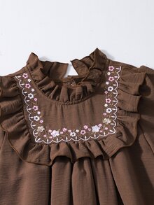 SHEIN Vintaside Kids 青少年女孩棕色溫柔風簡約花卉印花長袖套頭洋裝，寬鬆版型，優雅大方，適合外出與購物 - 棕色 - 查看 3