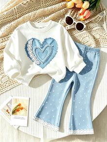 SHEIN Vintaside Kids 兒童甜美幾何愛心印花運動衫套裝，休閒舒適柔軟圓領長袖運動衫與女童內搭褲，適合秋冬日常穿著，溫馨氛圍，秋季氛圍 - 彩色 - 查看 3