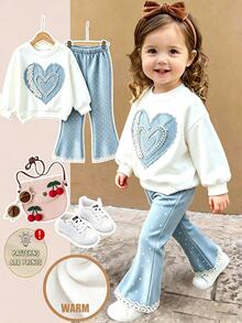SHEIN Vintaside Kids 兒童甜美幾何愛心印花運動衫套裝，休閒舒適柔軟圓領長袖運動衫與女童內搭褲，適合秋冬日常穿著，溫馨氛圍，秋季氛圍 - 彩色 - 查看 1