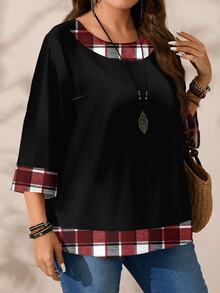 EMERY ROSE Plus Size Women Casual All-Over Print Round Neck Loose 3/4 Sleeve Shirt, Autumn/Winter Christmas Fall - Multicolor - View 6