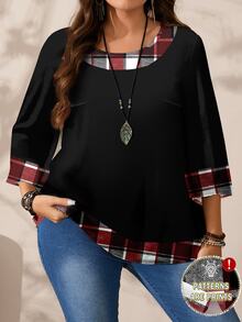 EMERY ROSE Plus Size Women Casual All-Over Print Round Neck Loose 3/4 Sleeve Shirt, Autumn/Winter Christmas Fall - Multicolor - View 1