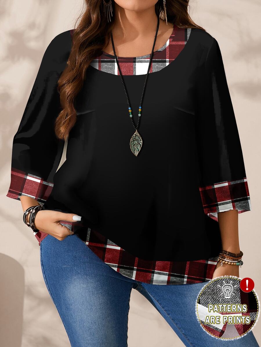 EMERY ROSE Plus Size Women Casual All-Over Print Round Neck Loose 3/4 Sleeve Shirt, Autumn/Winter Christmas Fall - Multicolor - View 1