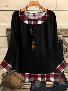 EMERY ROSE Plus Size Women Casual All-Over Print Round Neck Loose 3/4 Sleeve Shirt, Autumn/Winter Christmas Fall - Multicolor - View 4