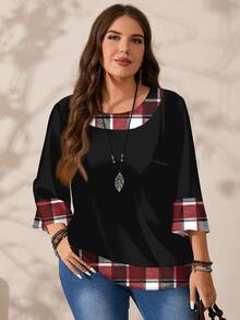 EMERY ROSE Plus Size Women Casual All-Over Print Round Neck Loose 3/4 Sleeve Shirt, Autumn/Winter Christmas Fall - Multicolor - View 9