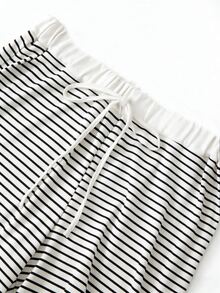 GlowEve CURVE Plus Size Solid Color Knit Cardigan, Front Button Closure, Striped Fitted Drawstring Decor, Elegant Casual Commute Daily Wear Pants Fall - White - View 8