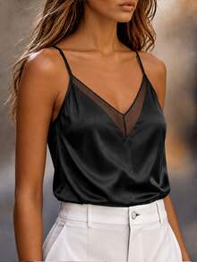 Trelyra Women's Mesh Patchwork Casual Daily Outing Camisole Top - Black - View 4