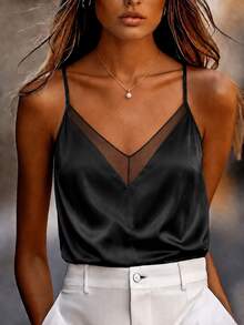 Trelyra Women's Mesh Patchwork Casual Daily Outing Camisole Top - Black - View 3