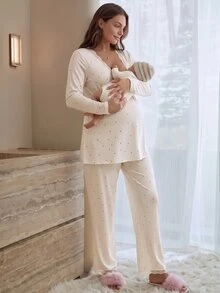 Slowluna 孕婦蕾絲飾邊長袖上衣與可調腰圍長褲休閒日常兩件套秋季 - 杏色 - 查看 4
