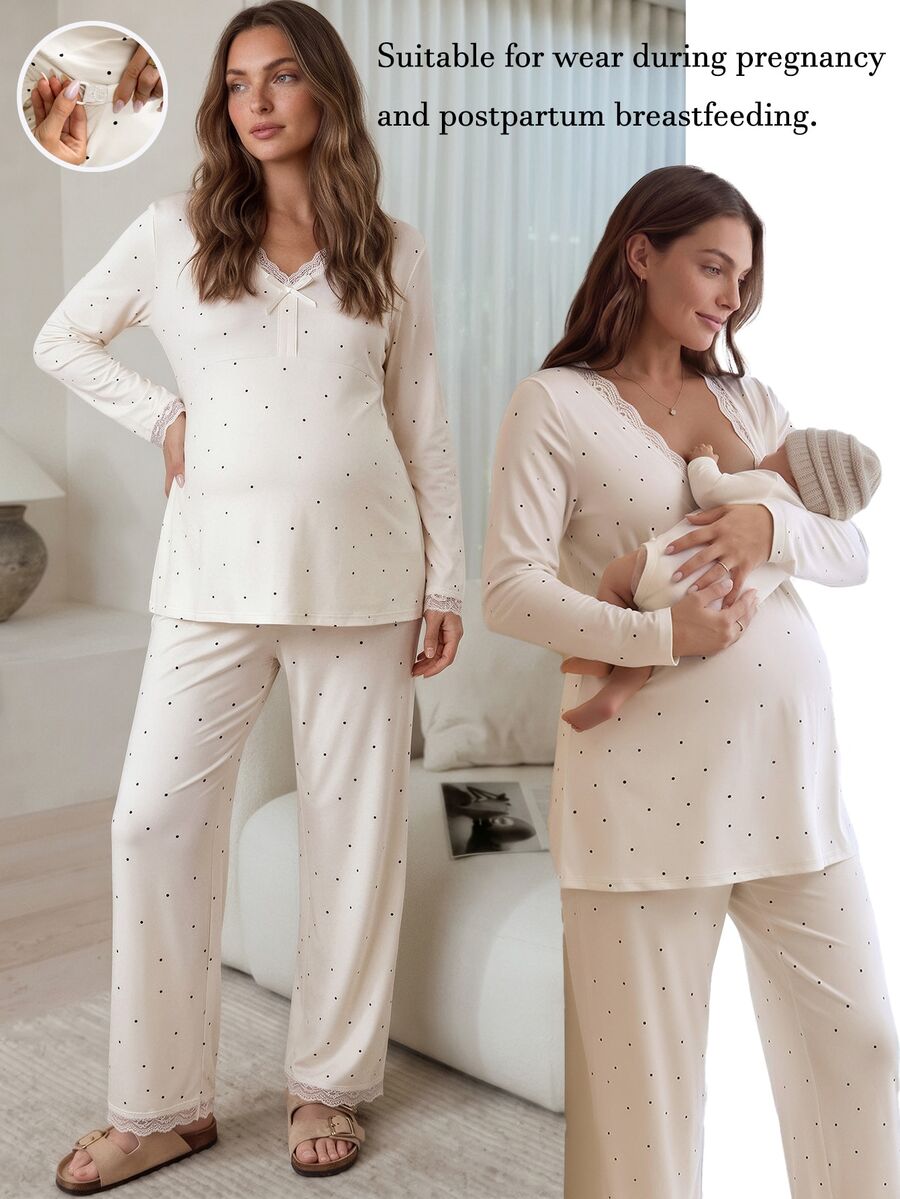 Slowluna Maternity Lace Trim Long Sleeve Top And Adjustable Waist Long Pants Casual Daily 2 Pieces Set Fall - Apricot - View 1