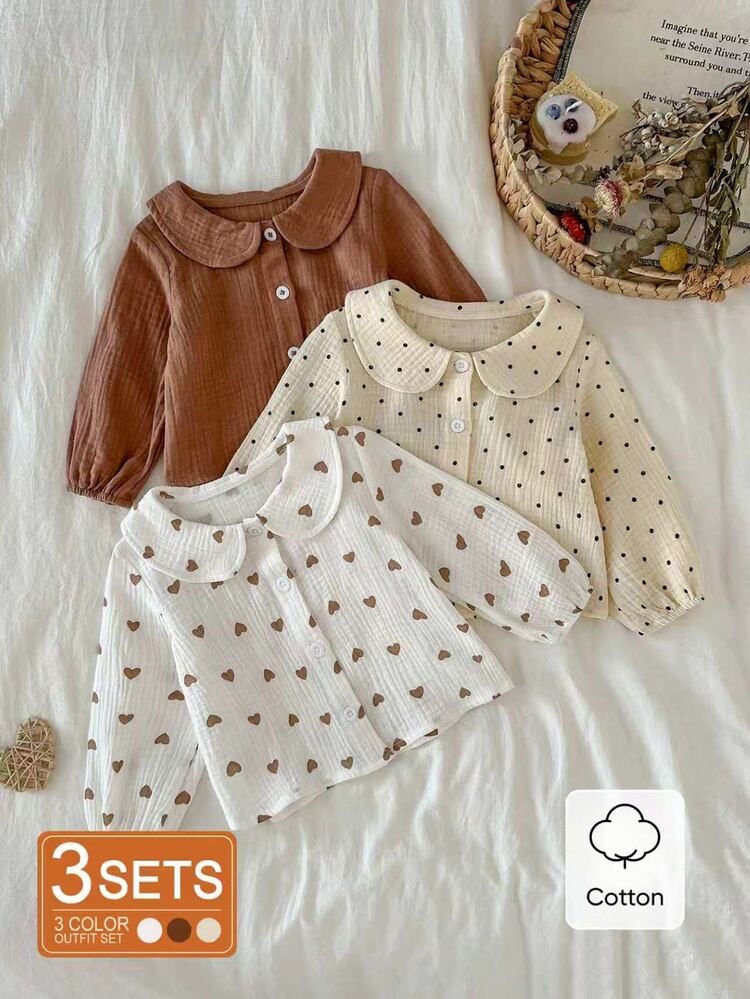 SHEIN Conjunto de 3 piezas de blusas con cuello con volantes para niñas bebé, primavera/verano - Multicolor - Añade 4