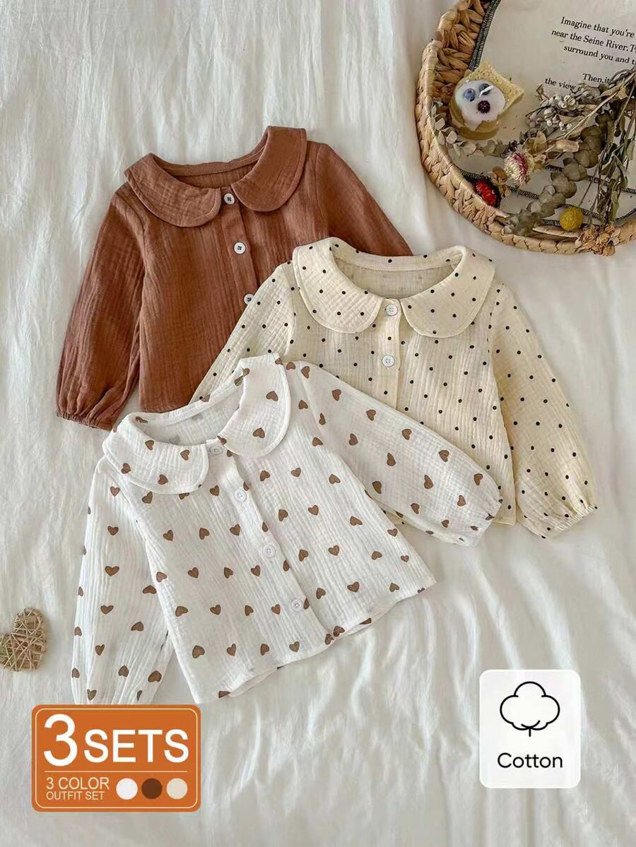 SHEIN Set 3 Potong Kemeja Kerah Berumbai untuk Bayi Perempuan, Musim Semi/Panas Musim Gugur Musim Dingin