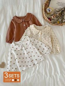 SHEIN Set 3 Potong Kemeja Kerah Berumbai untuk Bayi Perempuan, Musim Semi/Panas Musim Gugur Musim Dingin - MultiWarna - View 11