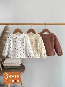 SHEIN Set 3 Potong Kemeja Kerah Berumbai untuk Bayi Perempuan, Musim Semi/Panas Musim Gugur Musim Dingin - MultiWarna - View 4