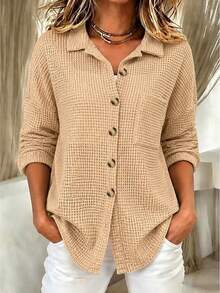 Holdful Holdful Women's Autumn Solid Color Dropped Shoulder Long Sleeve Single-Breasted Casual Pocket Shirt - Apricot - View 3