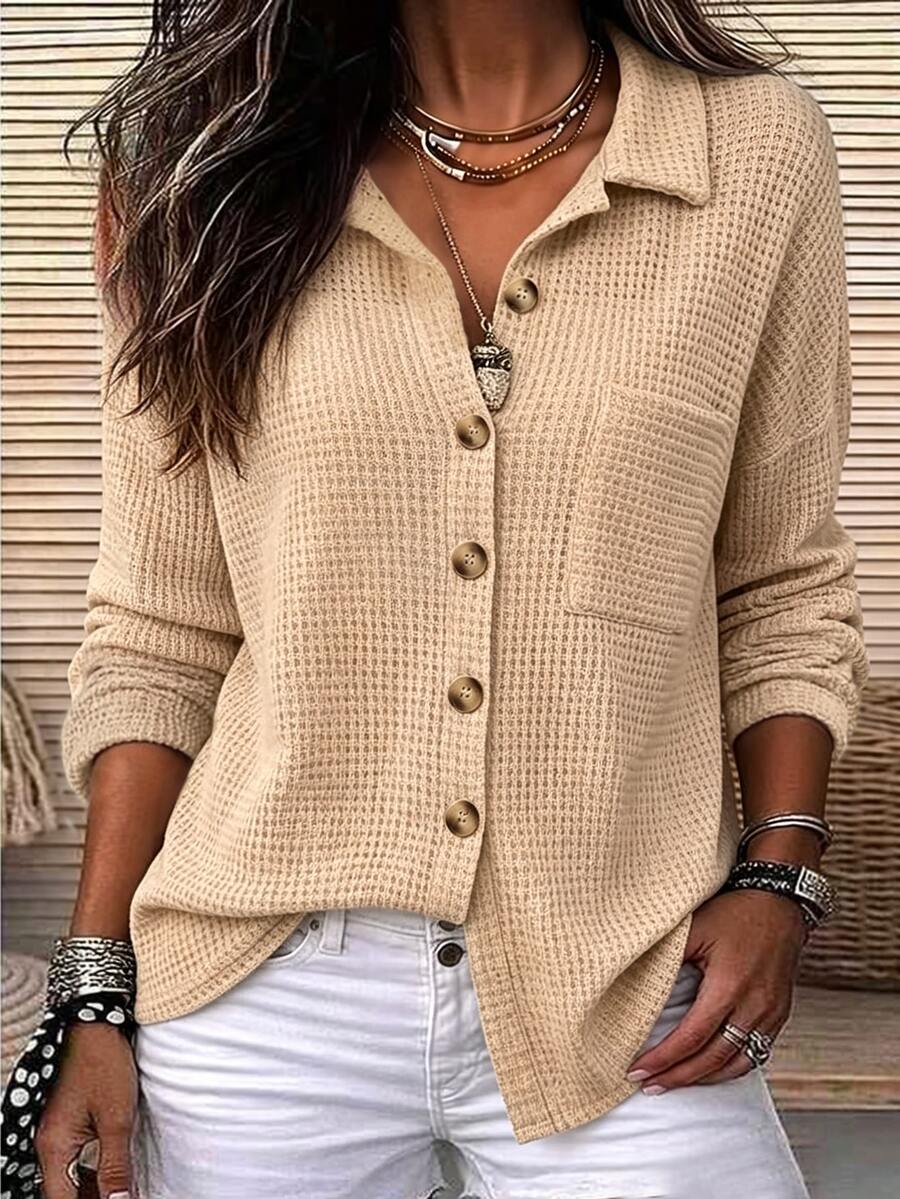 Holdful Holdful Women's Autumn Solid Color Dropped Shoulder Long Sleeve Single-Breasted Casual Pocket Shirt - Apricot - View 1